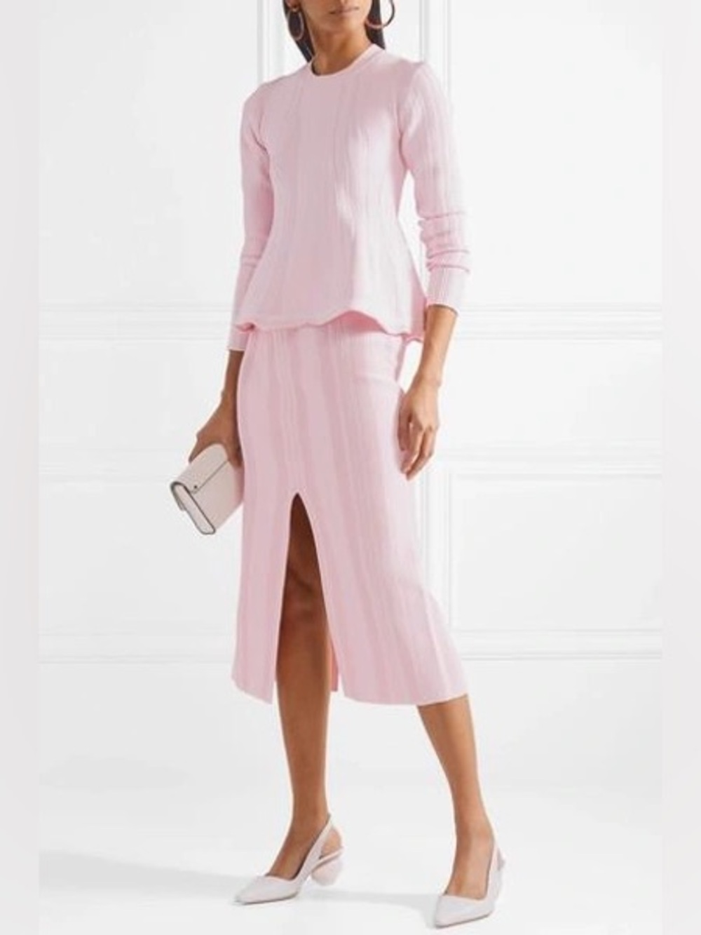 Proenza Schouler RIBBED STRETCH-KNIT MIDI SKIRT IN BABY PINK Sz large NWT - Picture 3 of 13